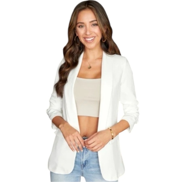 Open Front White Ruched Sleeve Single Button Blazer Business Casual Large - Picture 1 of 15
